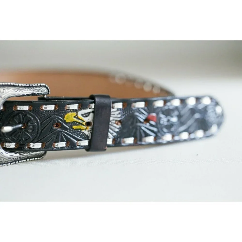 Hand Tooled Painted Bold Eagle Whipstitch Black Leather Belt